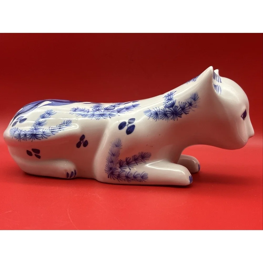Large Blue & White Ceramic Cat Figurine With Carps Decoration Hand Painted 12